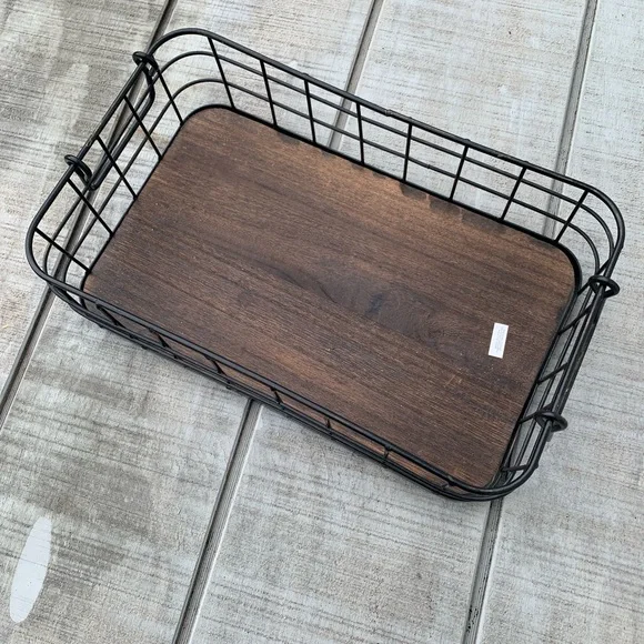 Rustic Nesting Wire Storage Baskets w Wood Base Farmhouse Organizer Set Handles